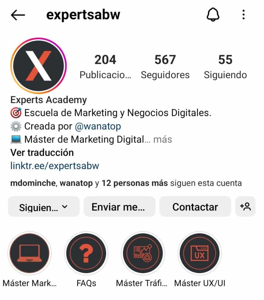 Perfil de empresa en Instagram de Experts Academy by Wanatop